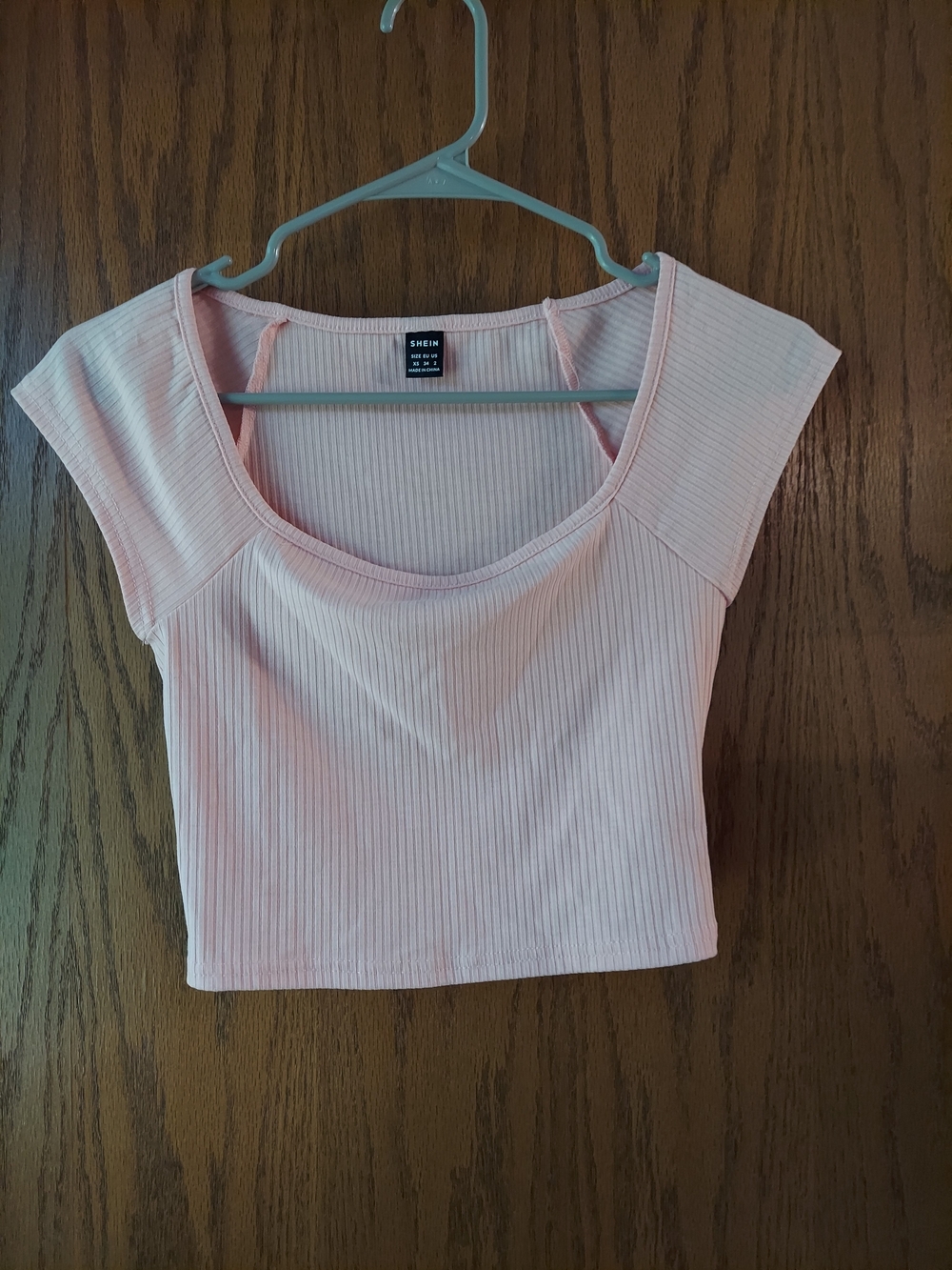 SHEIN Ribbed Knit Short Sleeve Scoop/Square Neck Cropped Top - Light Pink XS